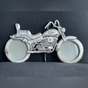 Pewter Harley Motorcycle Picture Frame Holds 2 Photos Signed WF